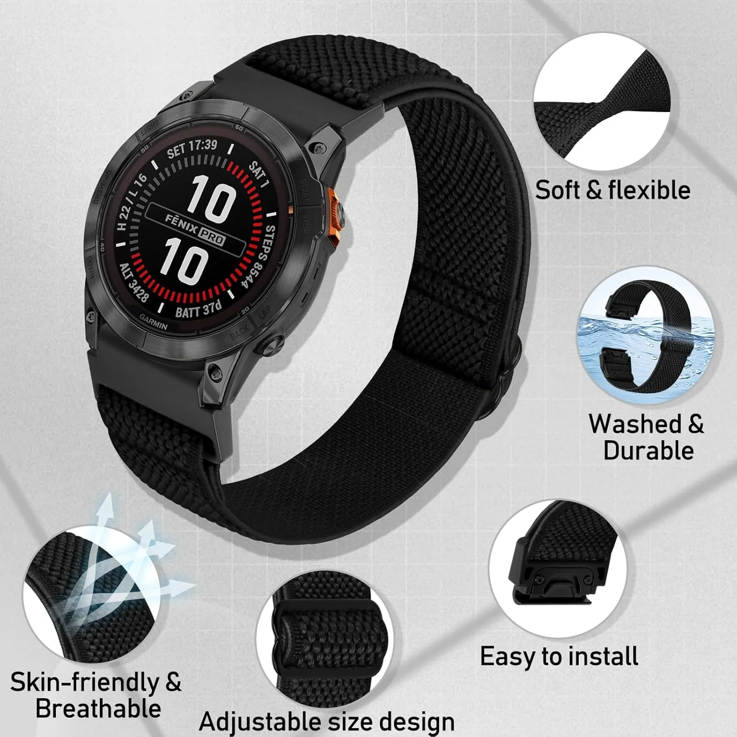 Quickfit 22mm Bands for Garmin Fenix 8 47mm/Fenix E 47mm/Fenix 7/Fenix 7 Pro/Fenix 6/Fenix 6 Pro/Fenix 5/5 Plus/Epix Gen 2/Approach S62/S60 Band,Elastic Watch Nylon Strap Wristband