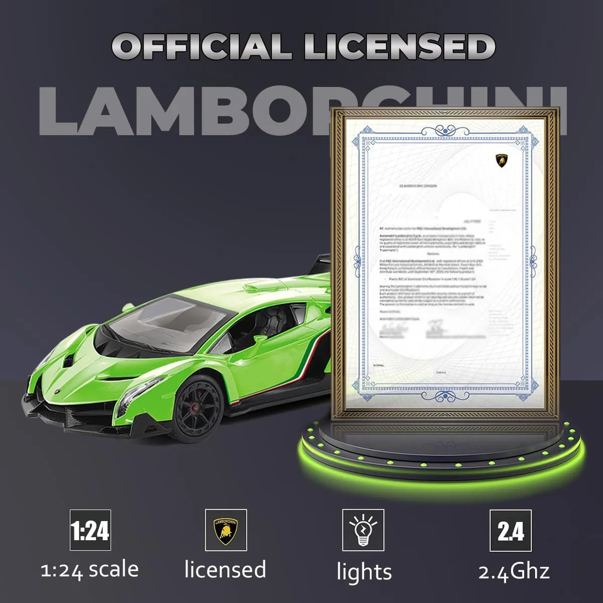 QUN FENG Lamborghini Remote Control Car 1:24 Scale Lambo Toy Car Officially Licensed Rc Cars with Light 2.4Ghz Model Car for Boys 4-7 Girls Birthday Gift, Green