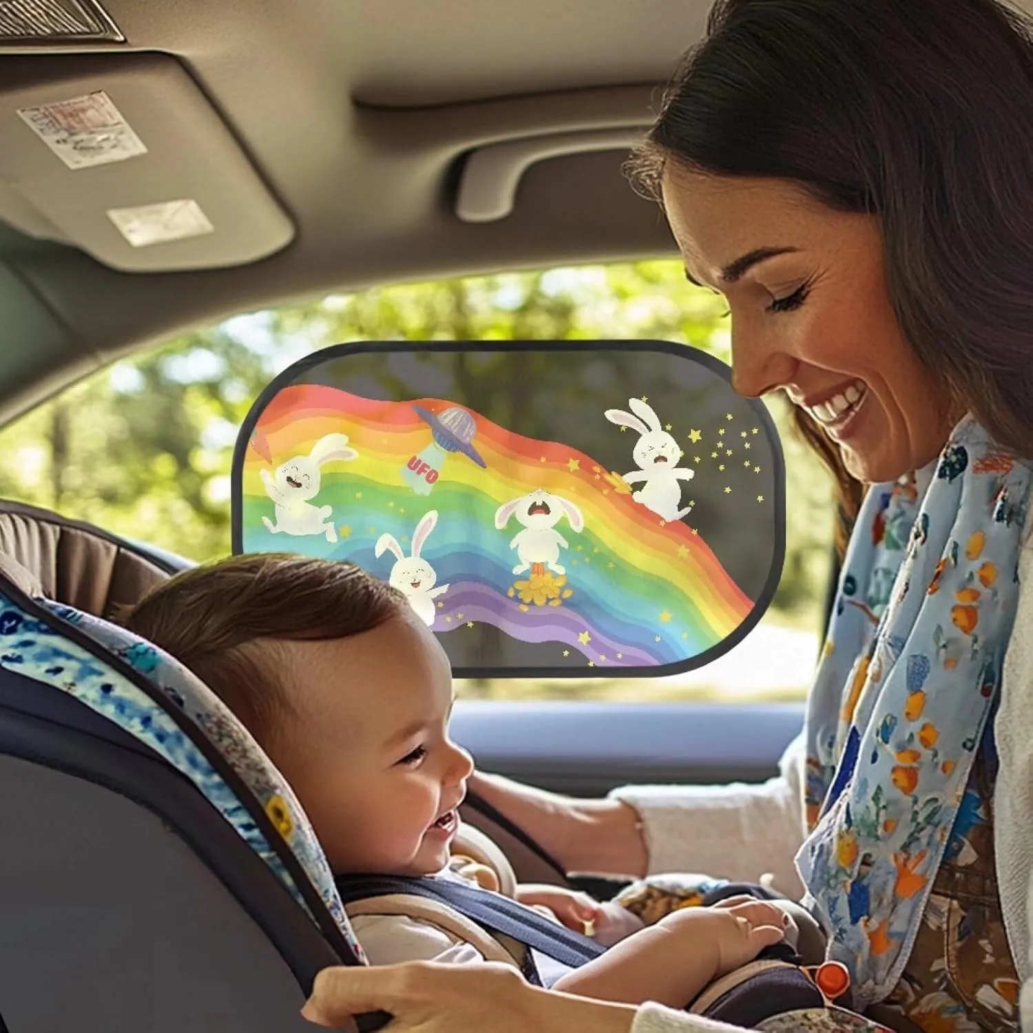 Rabbit Rainbow Car Sun Shade for Baby Kids 2 Pack Cling Side Window Car Rear Sunshades Universal with Storage Bag Sun Glare and UV Rays Protection