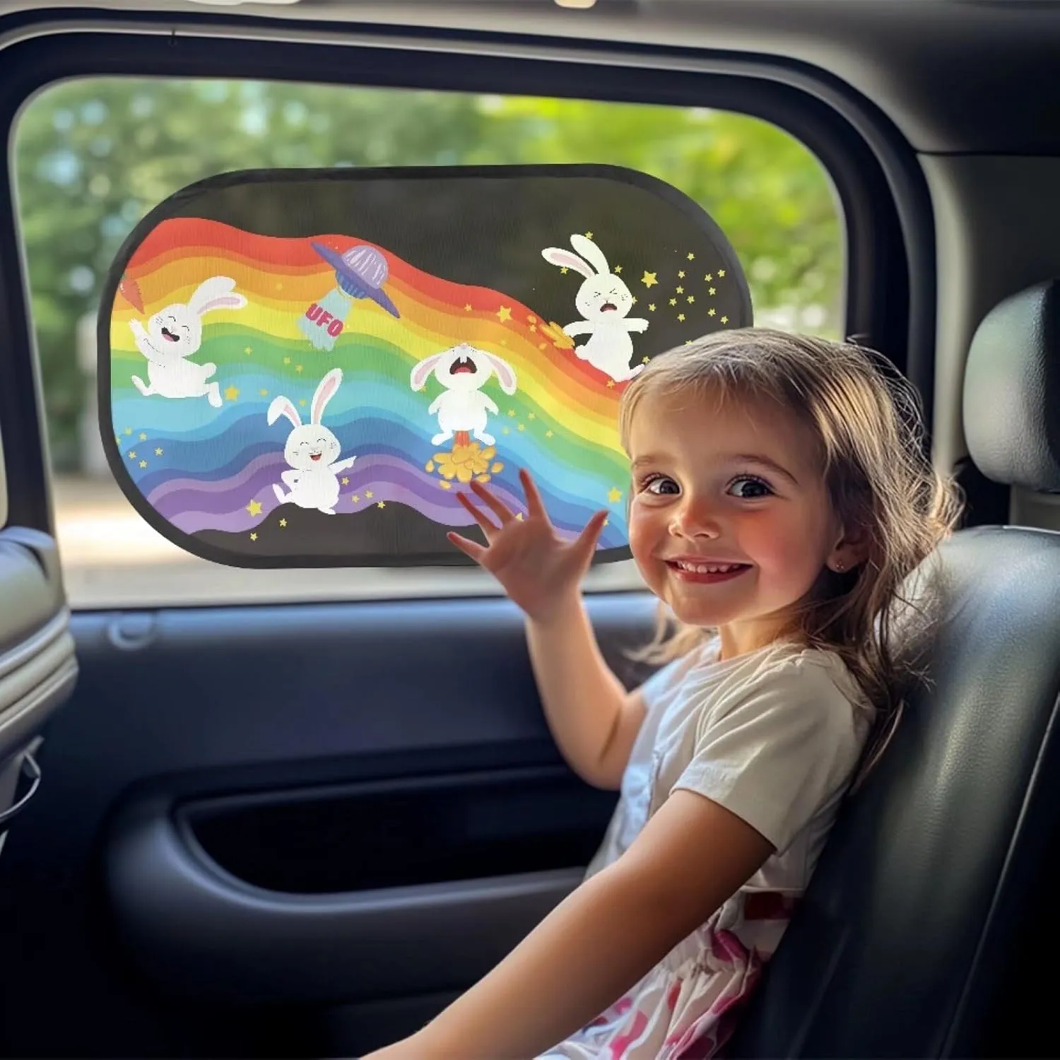 Rabbit Rainbow Car Sun Shade for Baby Kids 2 Pack Cling Side Window Car Rear Sunshades Universal with Storage Bag Sun Glare and UV Rays Protection