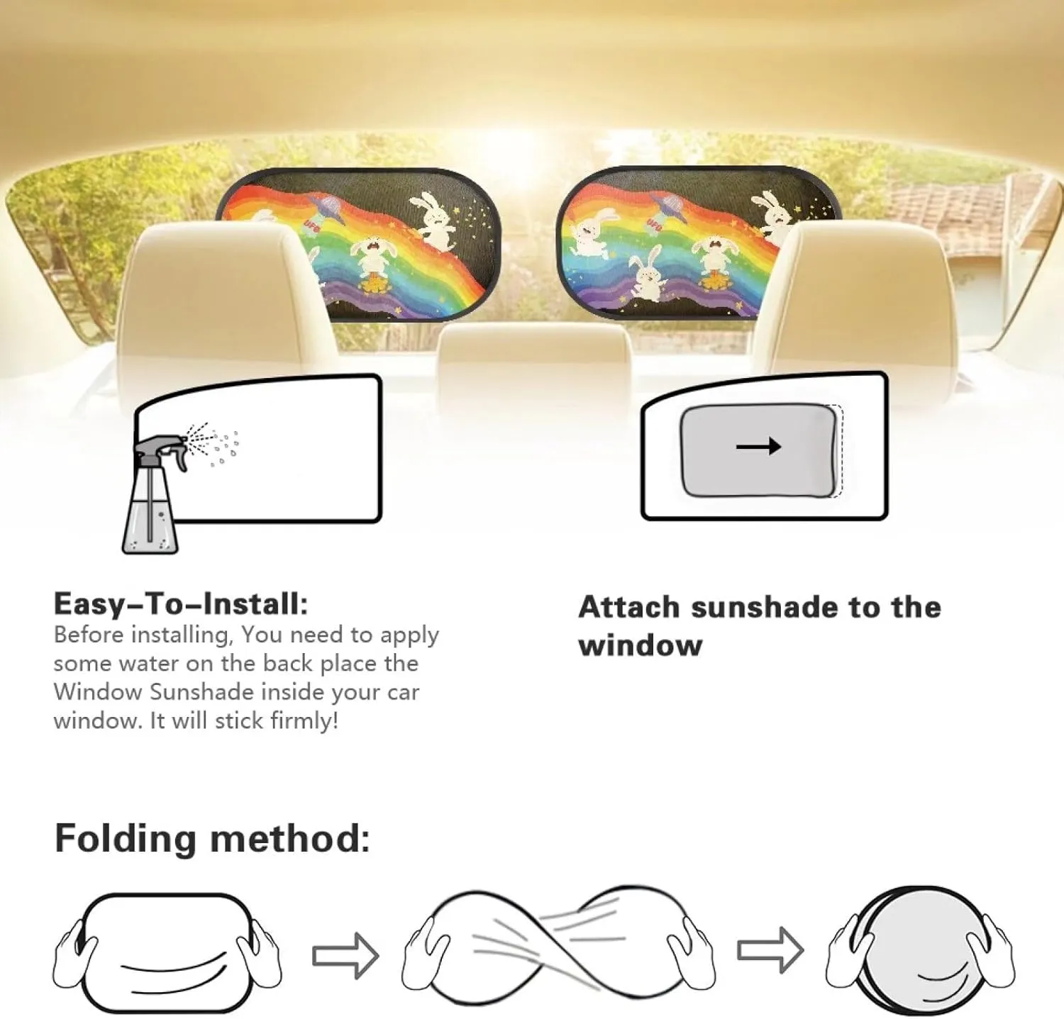 Rabbit Rainbow Car Sun Shade for Baby Kids 2 Pack Cling Side Window Car Rear Sunshades Universal with Storage Bag Sun Glare and UV Rays Protection