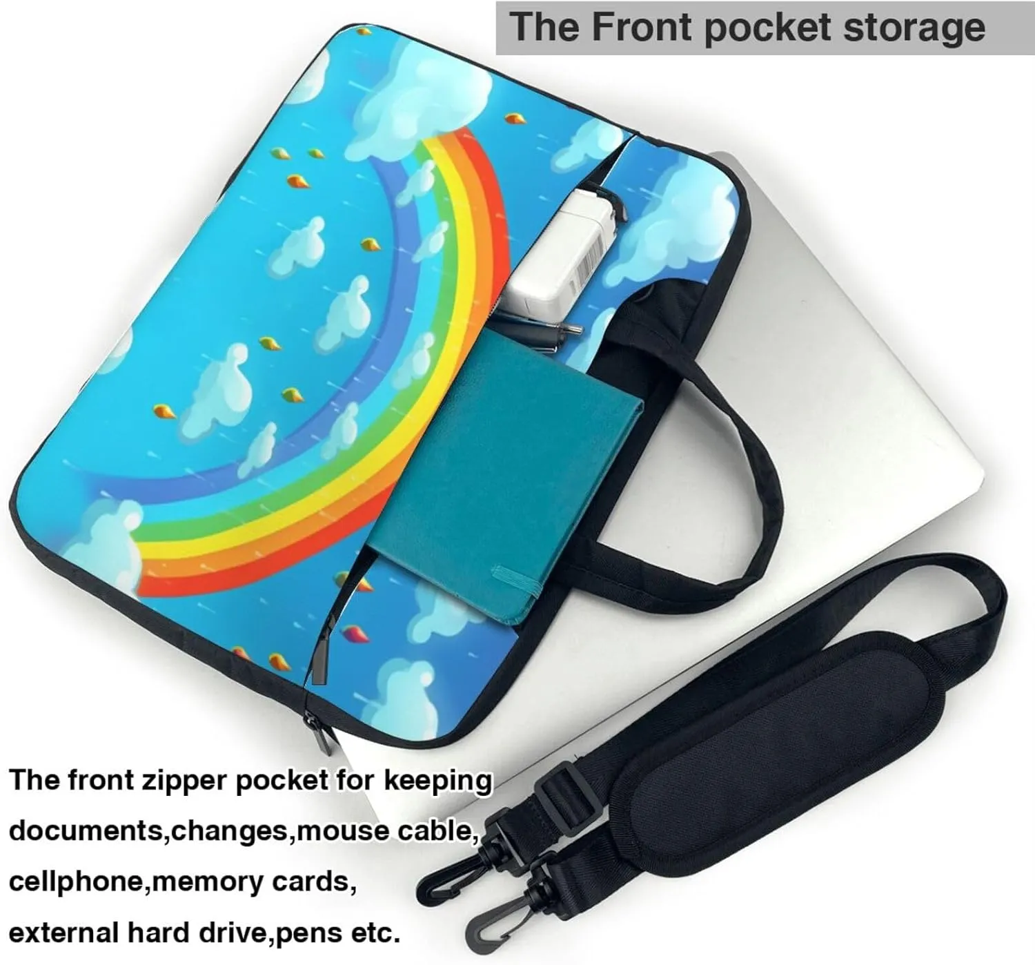 Rainbow Clouds Raindrop Laptop Shoulder Bag Portable Laptop Bag Laptop Case Crossbody Briefcase w/Strap Handle