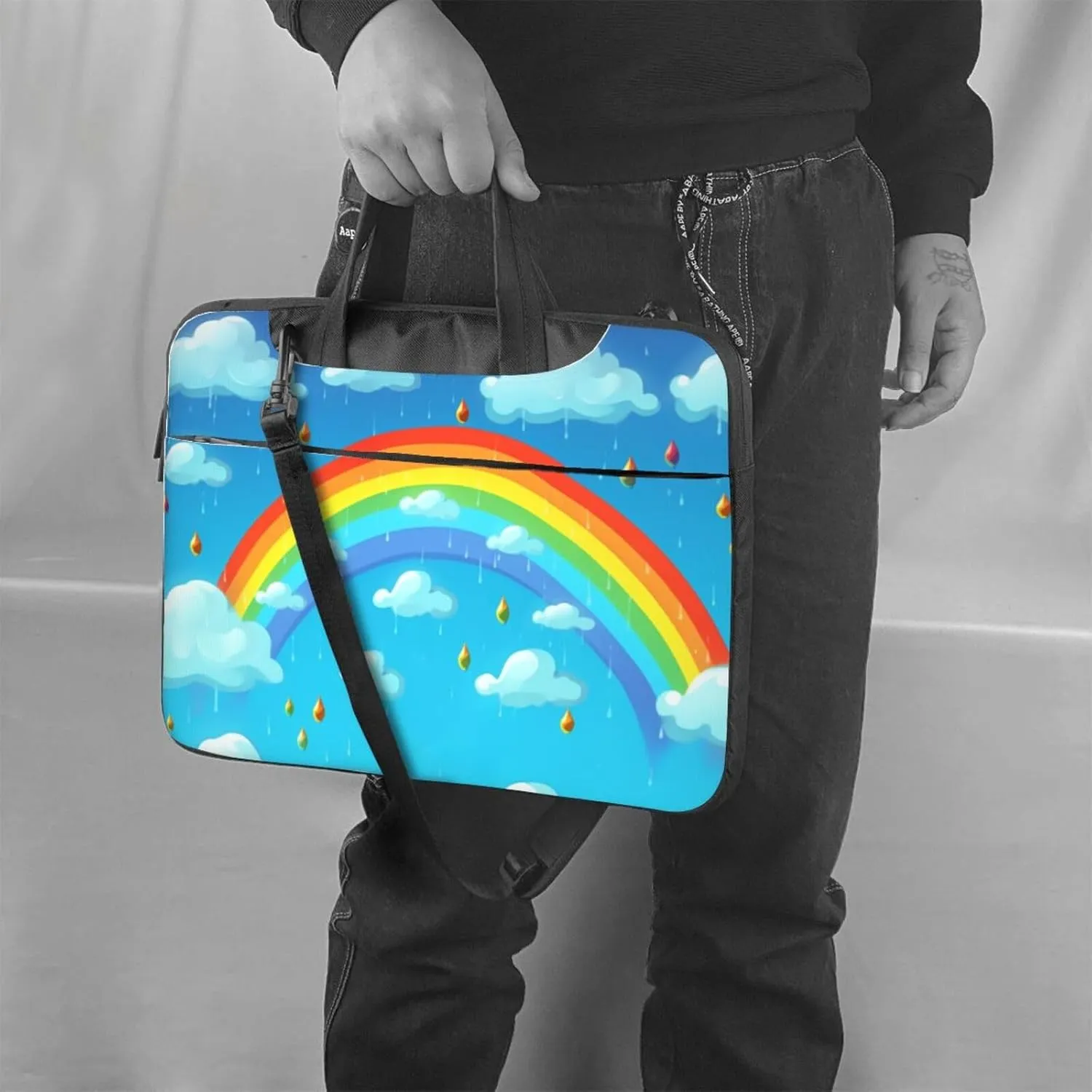 Rainbow Clouds Raindrop Laptop Shoulder Bag Portable Laptop Bag Laptop Case Crossbody Briefcase w/Strap Handle