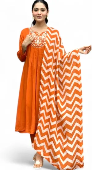 RangMahal Women's Pure Rayon Kurta with Beautiful Embroidered Neck Yoke & Rayon Pant with Printed Dupatta.