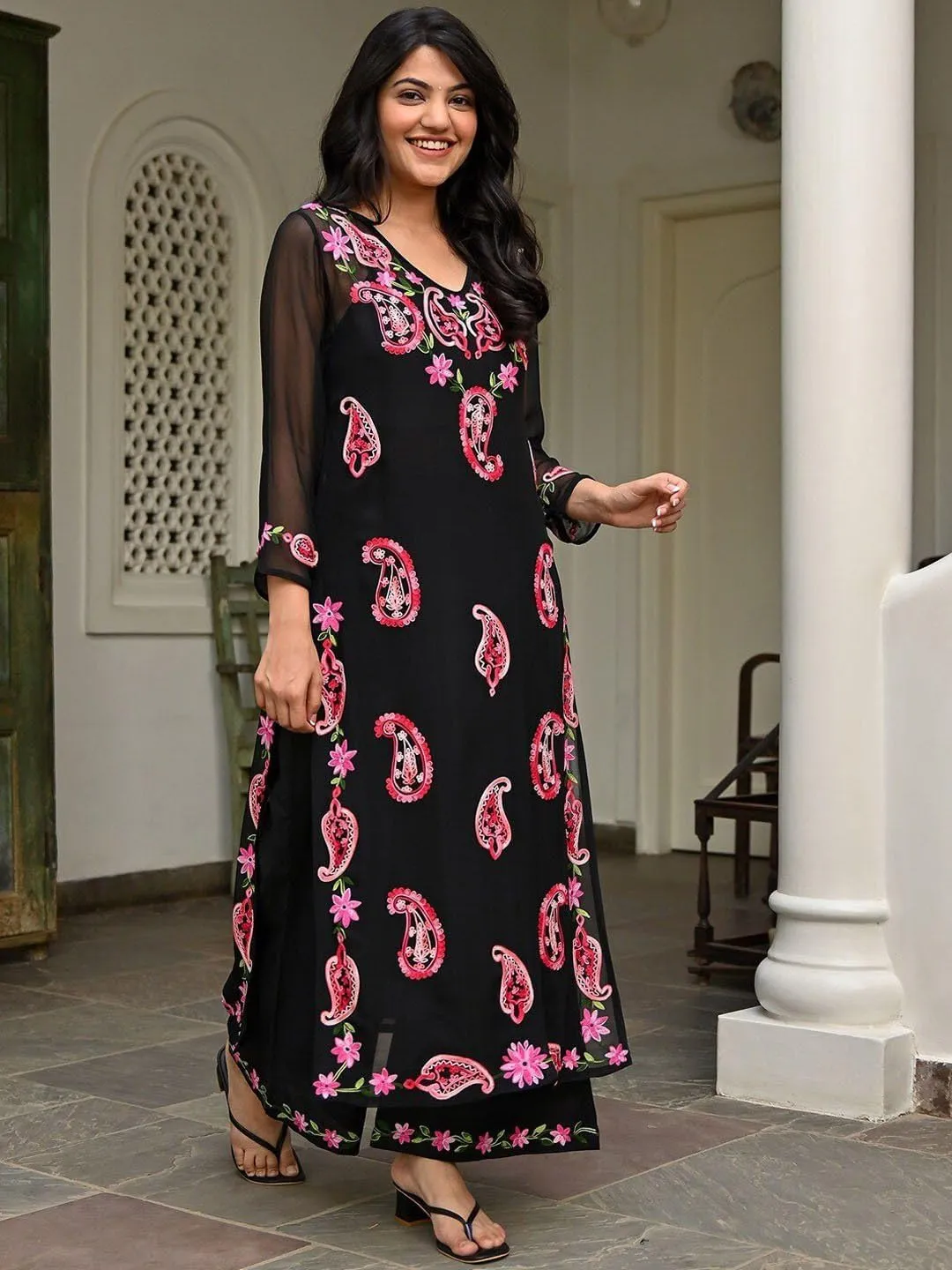 RangMahal Women's Thread Embroidery Work Fox Georgette Fabric Kurti & Palazzo