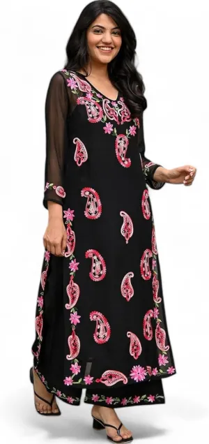RangMahal Women's Thread Embroidery Work Fox Georgette Fabric Kurti & Palazzo