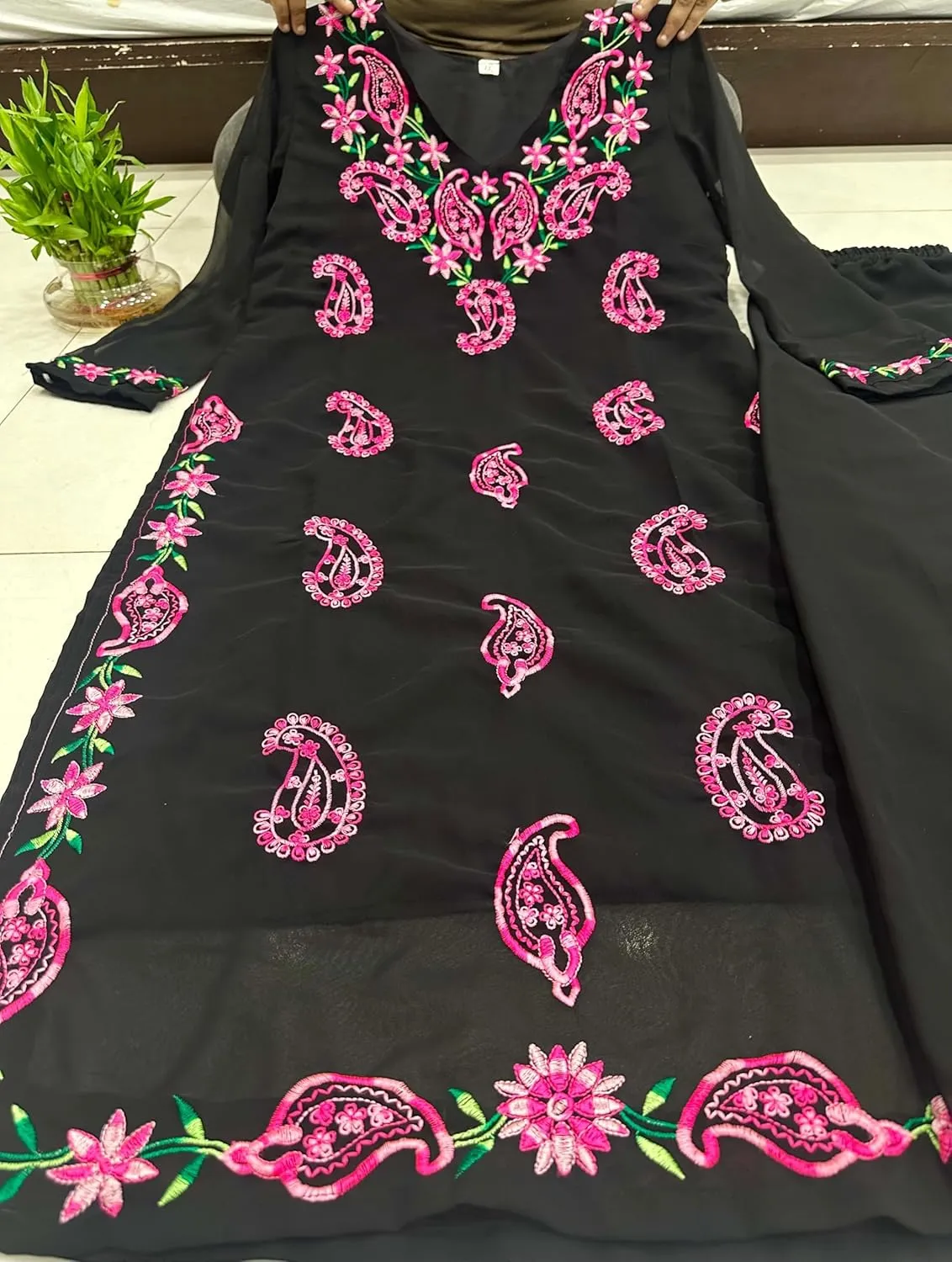 RangMahal Women's Thread Embroidery Work Fox Georgette Fabric Kurti & Palazzo
