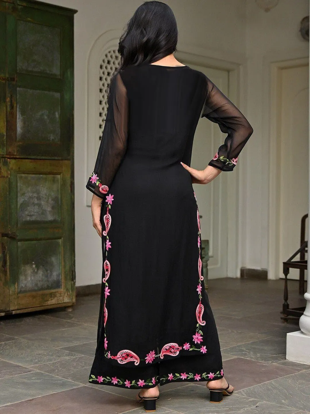 RangMahal Women's Thread Embroidery Work Fox Georgette Fabric Kurti & Palazzo