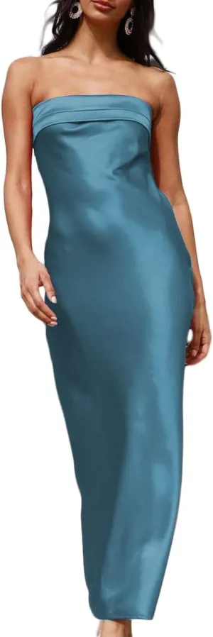 Realtix Satin Silk Backless Tube Tops Maxi Dress for Women Low Back Hollow Out Elegant Strapless Long Dresses Wedding Guest