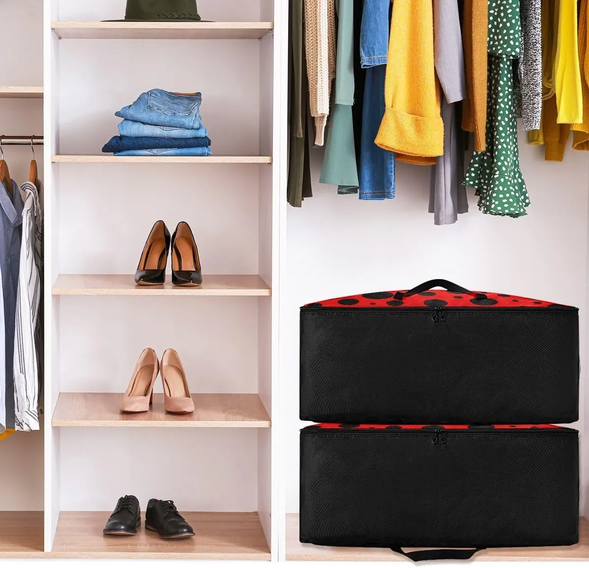 Red Polka Dots Storage Bags Moving Storage Totes with Sturdy Zipper Collapsible Storage Totes for Storing, Camping, Packing and Moving Supplies