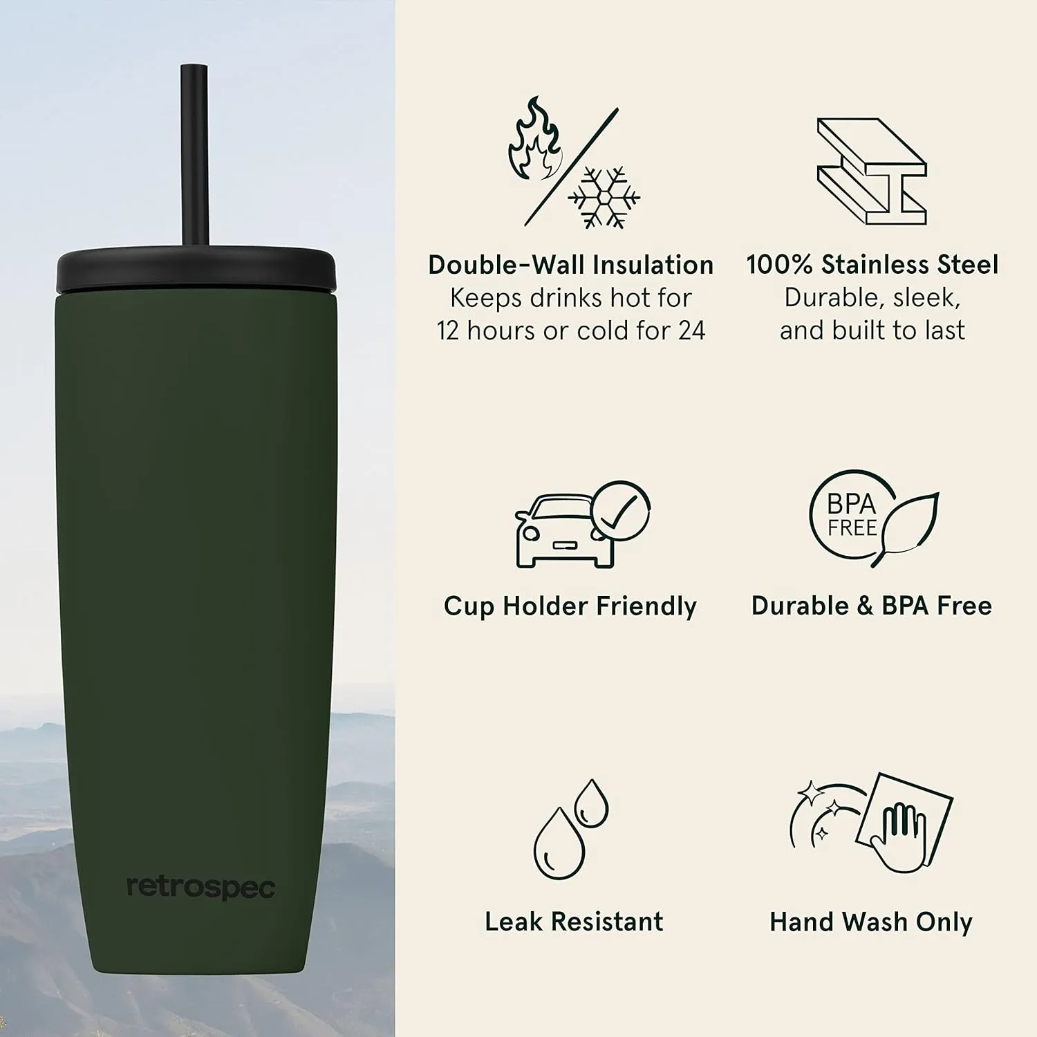 Retrospec Arroyo Stainless Steel Tumbler with Lid and Straw - Reusable Insulated Tumbler Cup - Iced Coffee Travel Mug - Double Walled Thermal Tumblers