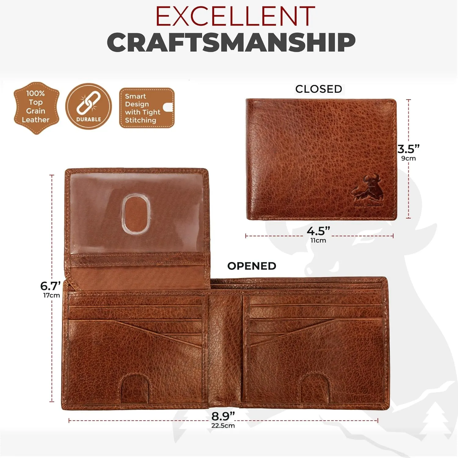RFID Bifold Leather Wallet For Men with Flip Up ID in Vintage Buffalo Brown