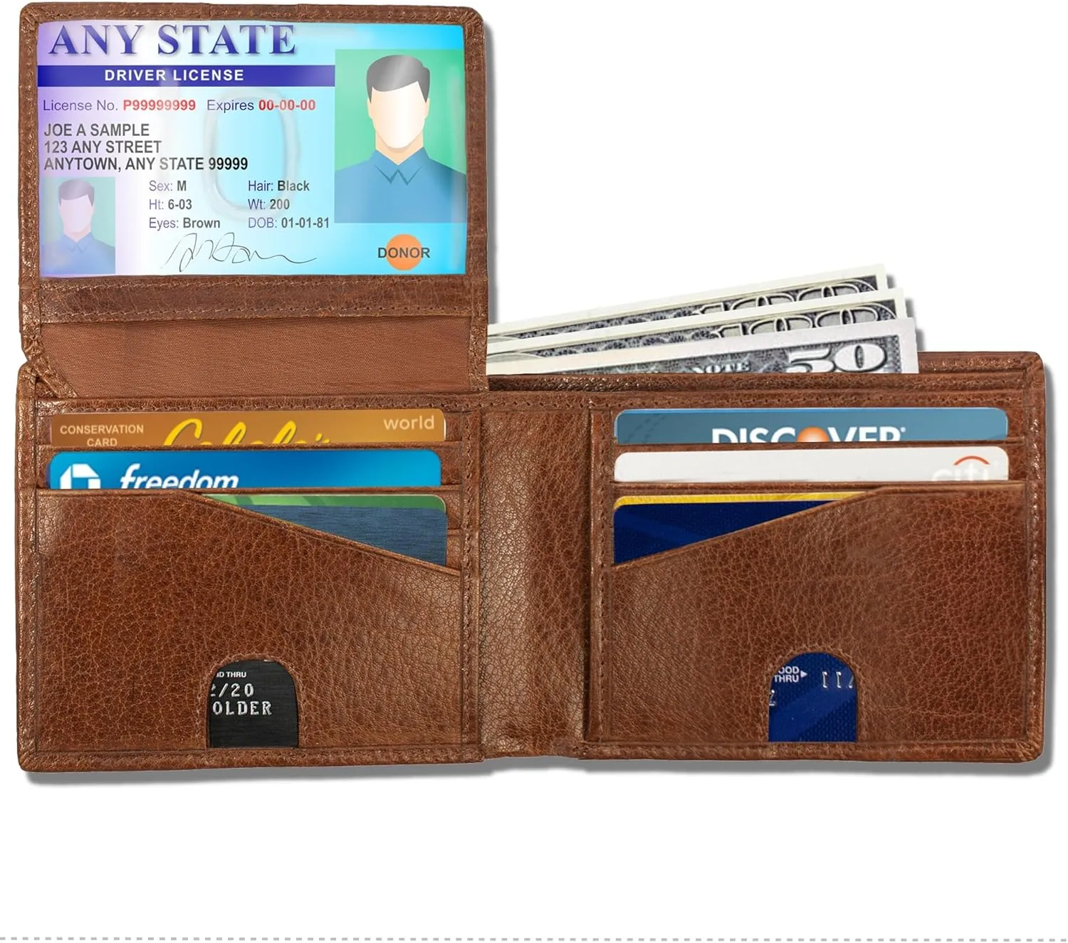 RFID Bifold Leather Wallet For Men with Flip Up ID in Vintage Buffalo Brown