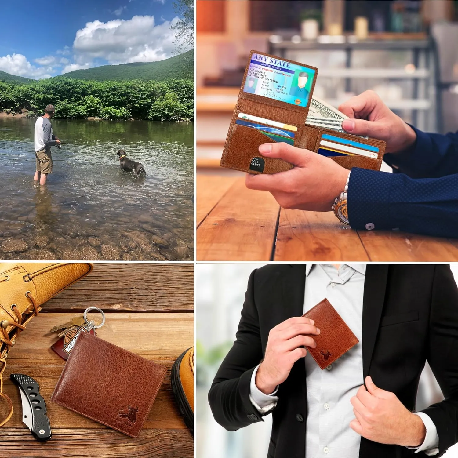 RFID Bifold Leather Wallet For Men with Flip Up ID in Vintage Buffalo Brown