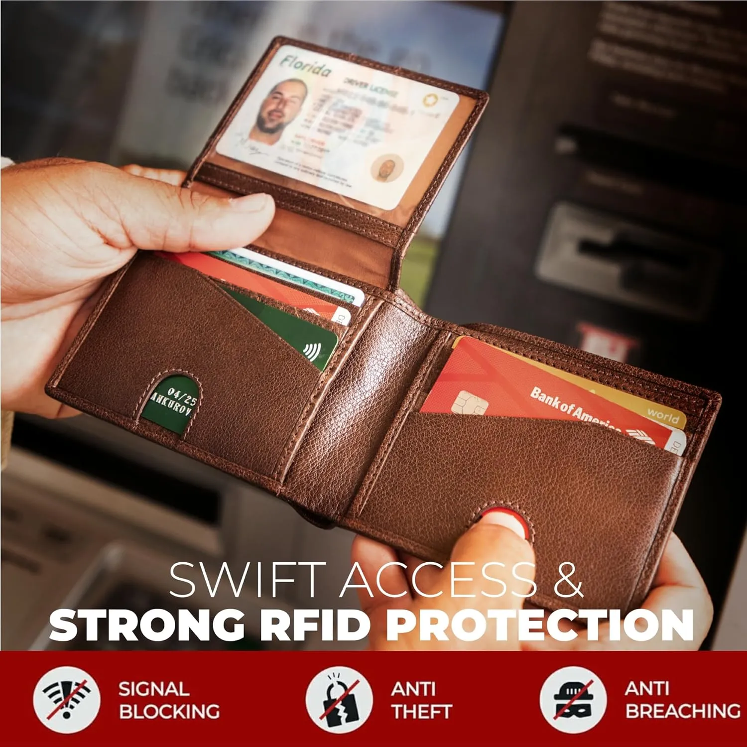 RFID Bifold Leather Wallet For Men with Flip Up ID in Vintage Buffalo Brown
