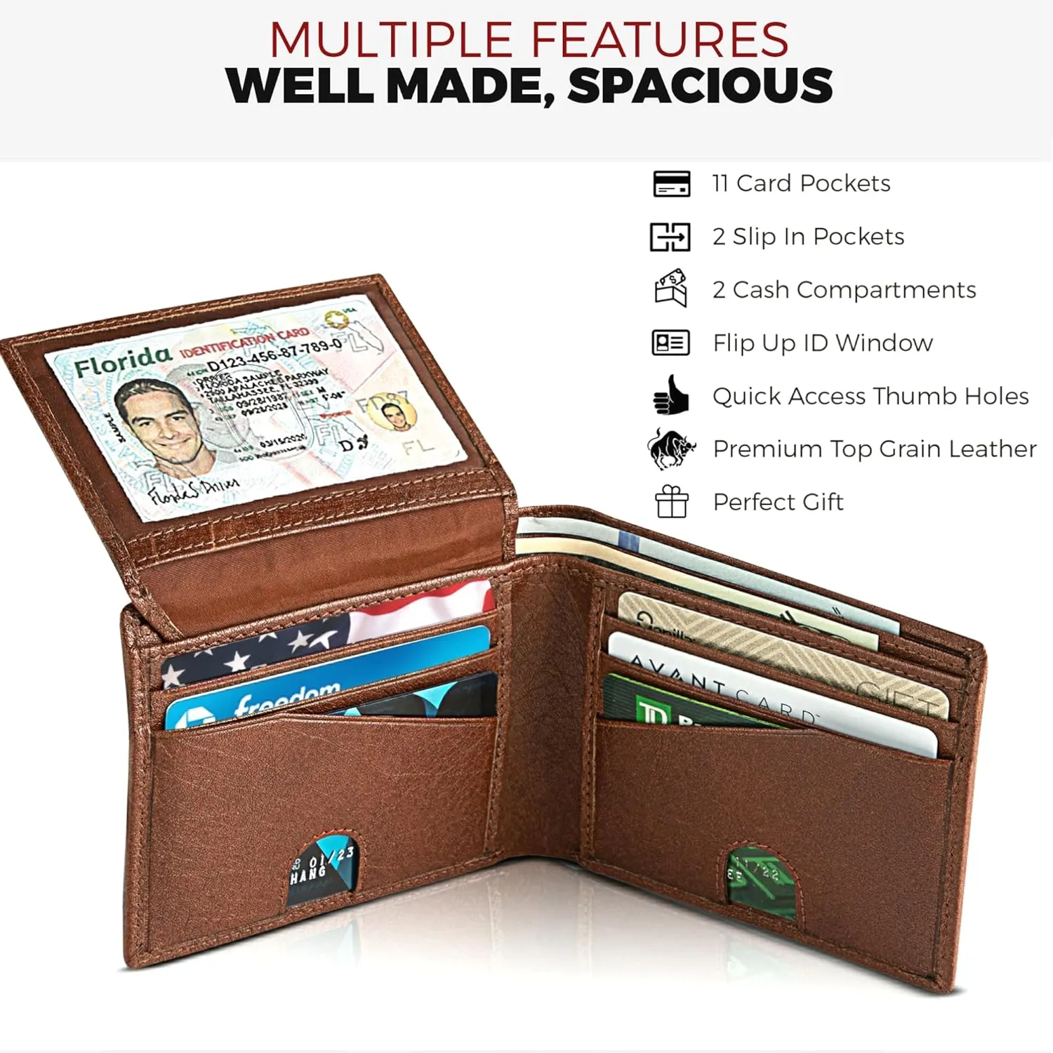 RFID Bifold Leather Wallet For Men with Flip Up ID in Vintage Buffalo Brown