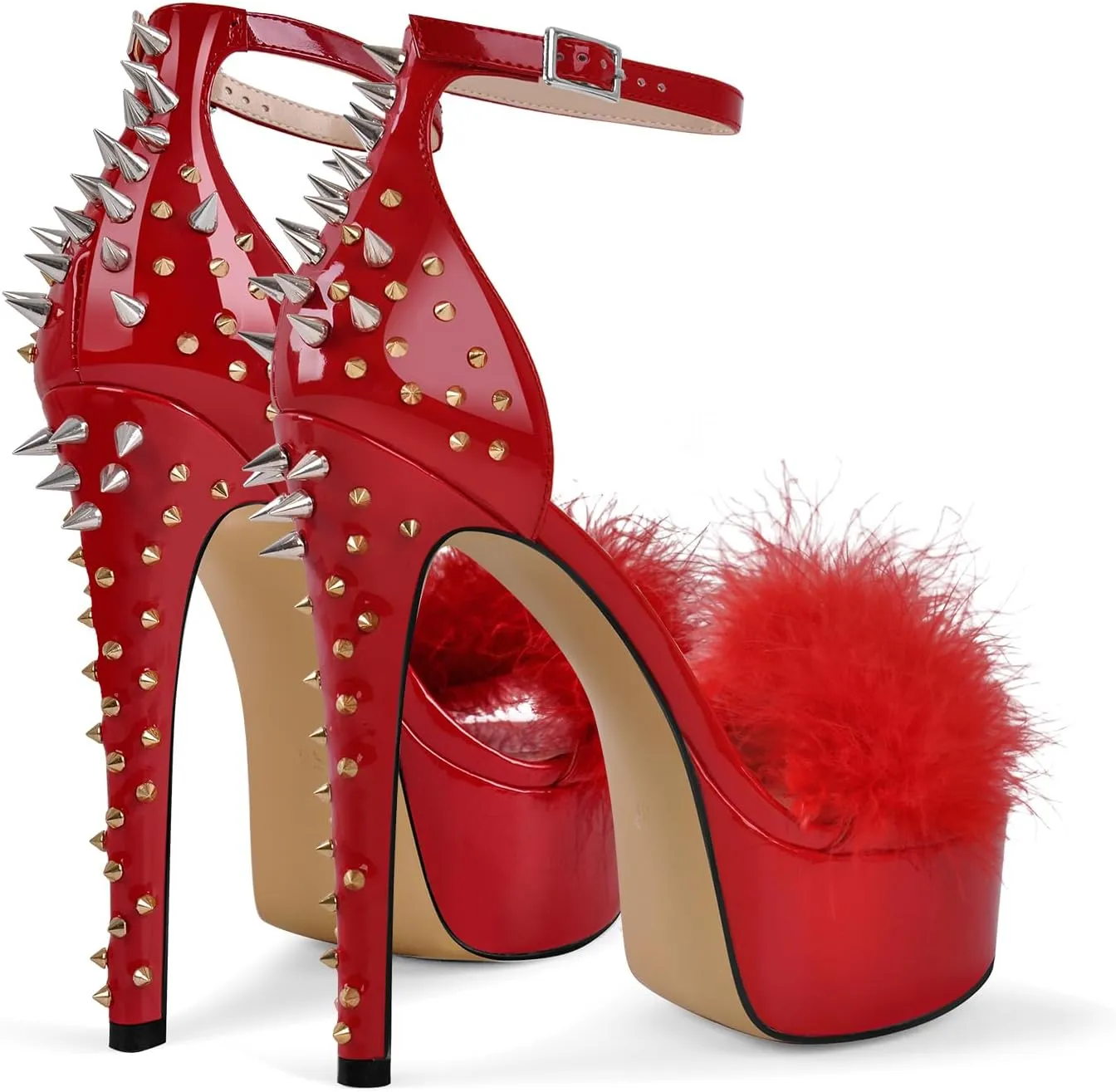 richealnini Studded Rivest Heels for Women Buckle Ankle Strap Platform Furry Sandals Stiletto High Heels
