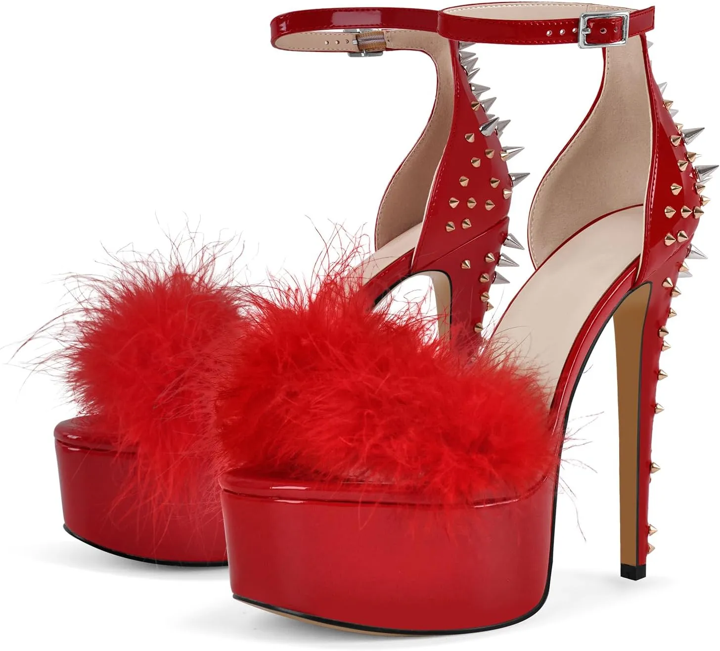 richealnini Studded Rivest Heels for Women Buckle Ankle Strap Platform Furry Sandals Stiletto High Heels