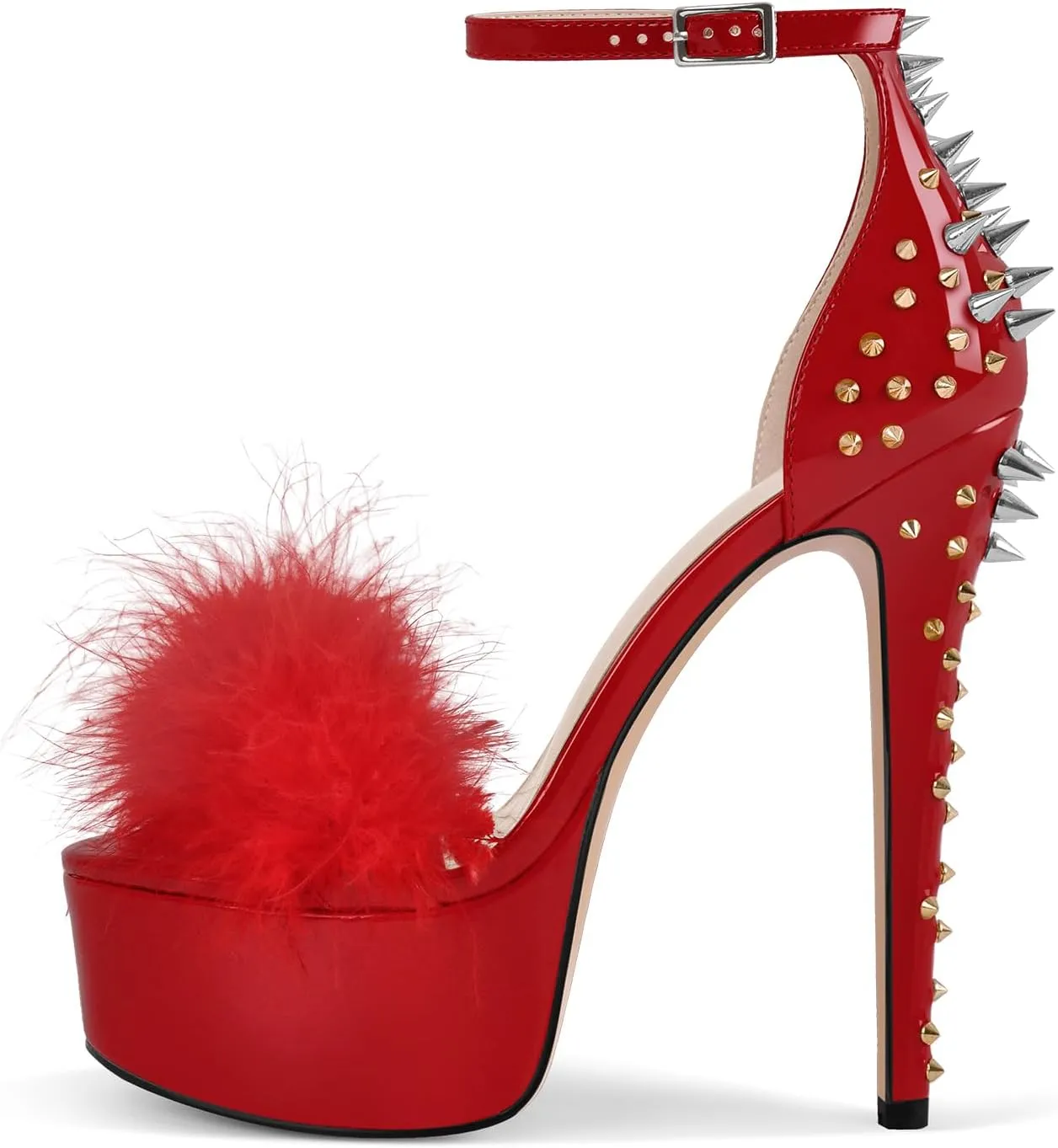 richealnini Studded Rivest Heels for Women Buckle Ankle Strap Platform Furry Sandals Stiletto High Heels