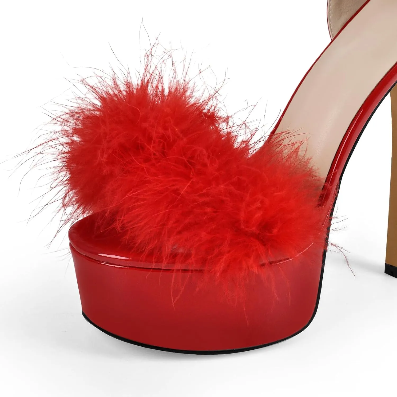 richealnini Studded Rivest Heels for Women Buckle Ankle Strap Platform Furry Sandals Stiletto High Heels