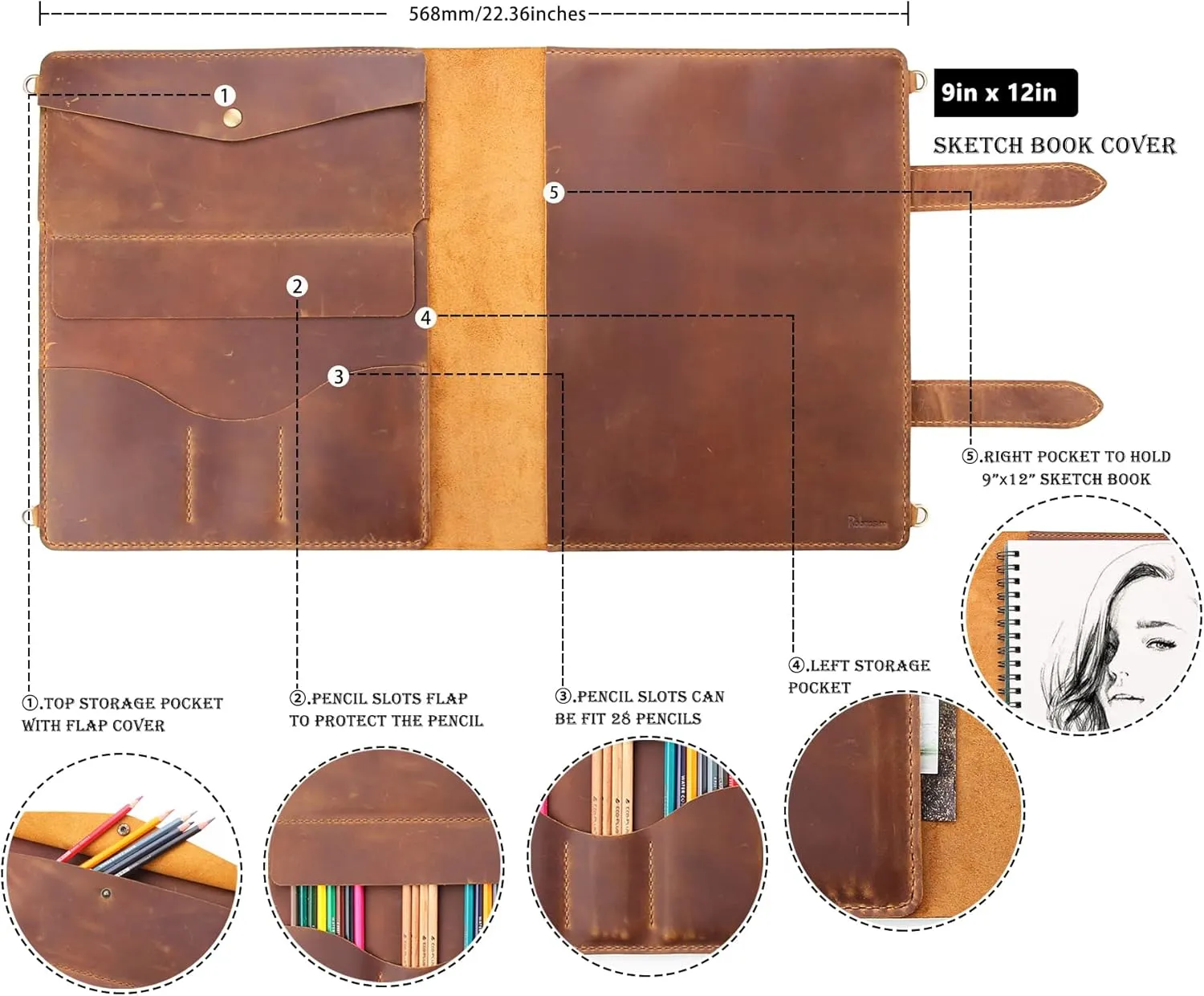 Robrasim Handmade Leather Sketchbook Cover, Artist Sketch Pad Holder for 9"X12" Sketchbook, Drawing Book and Pencil Case, Journal Notebook Portfolio with Shoulder Strap, Artist Gifts, Brown