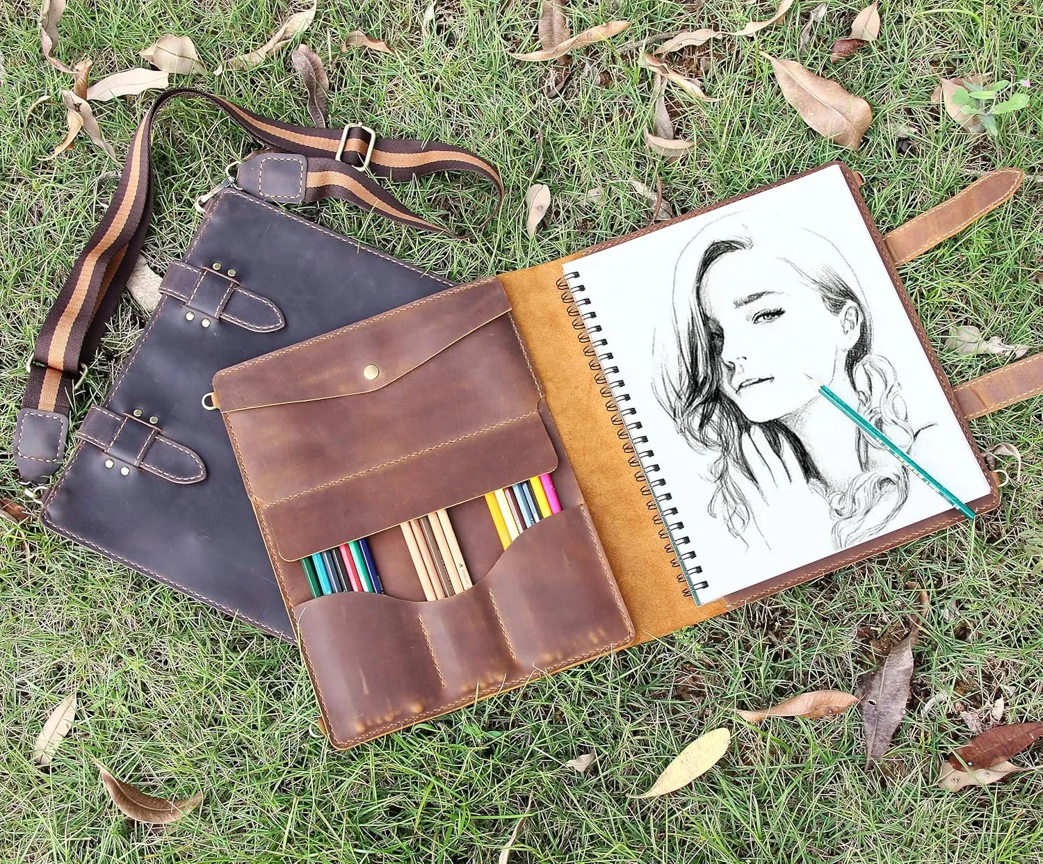 Robrasim Handmade Leather Sketchbook Cover, Artist Sketch Pad Holder for 9"X12" Sketchbook, Drawing Book and Pencil Case, Journal Notebook Portfolio with Shoulder Strap, Artist Gifts, Brown