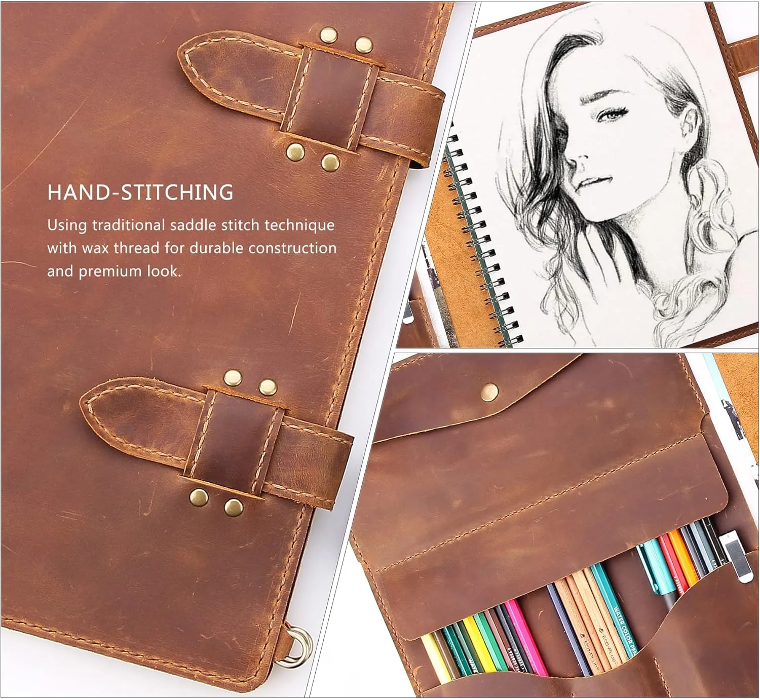 Robrasim Handmade Leather Sketchbook Cover, Artist Sketch Pad Holder for 9"X12" Sketchbook, Drawing Book and Pencil Case, Journal Notebook Portfolio with Shoulder Strap, Artist Gifts, Brown