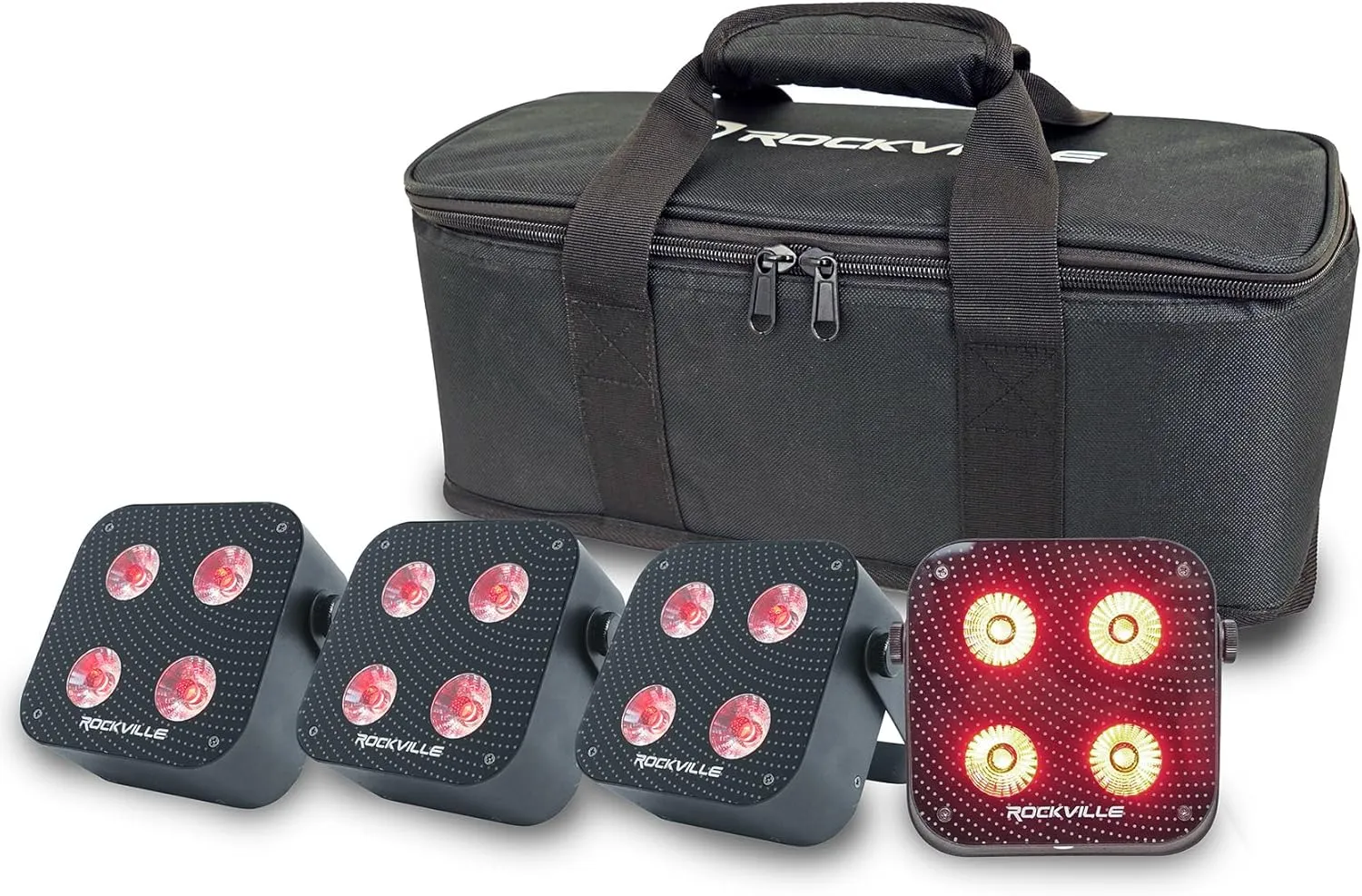 Rockville 4 Pack MINI RF4 V2 Black LED Wash Up Light, RGBWA UV, Compact, App, Remote, LCD, Wireless DMX, Rechargeable, Perfect for DJ/Party Lighting