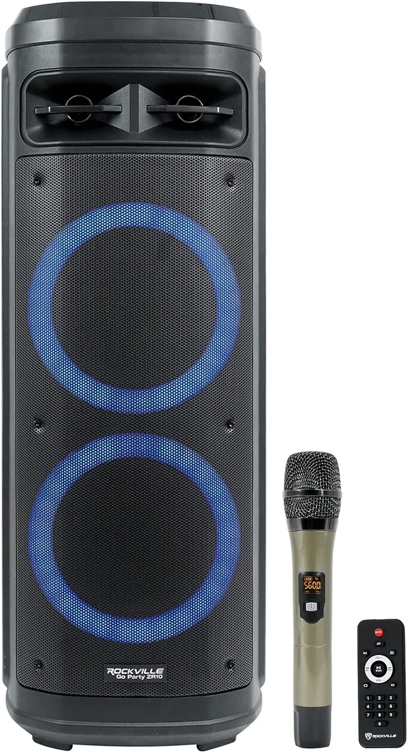 Rockville Go Party ZR10 Dual 10" 1000W Portable Bluetooth Speaker, LED Lights, UHF Mic, TWS Stereo, Perfect for Parties and Outdoor Events