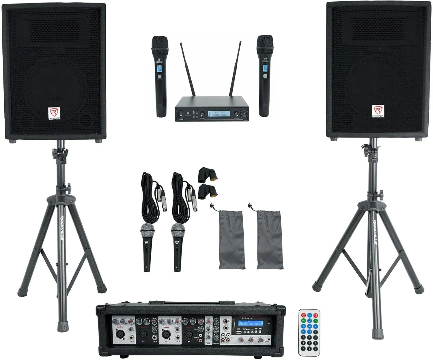 Rockville RPG2X10 Powered Bluetooth Mixer (2) 10" Speakers Stands Wireless Mics