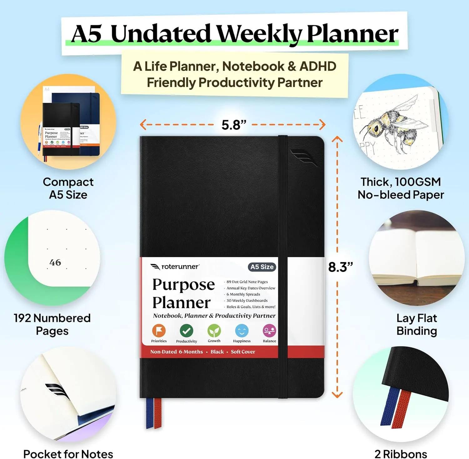 Roterunner Purpose Planner Notebook A5 5.8”x8.3” Undated 2025 Daily Weekly and Monthly Productivity Goal Setting Tool for Work Home ADHD Planner for Adults Self Care Journal (Black Hardcover)