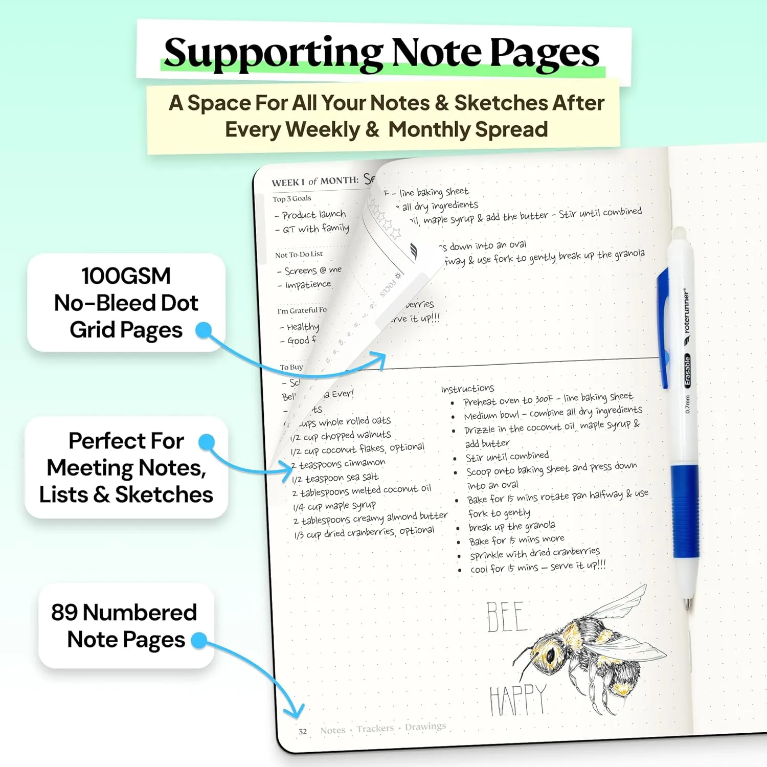 Roterunner Purpose Planner Notebook A5 5.8”x8.3” Undated 2025 Daily Weekly and Monthly Productivity Goal Setting Tool for Work Home ADHD Planner for Adults Self Care Journal (Black Hardcover)