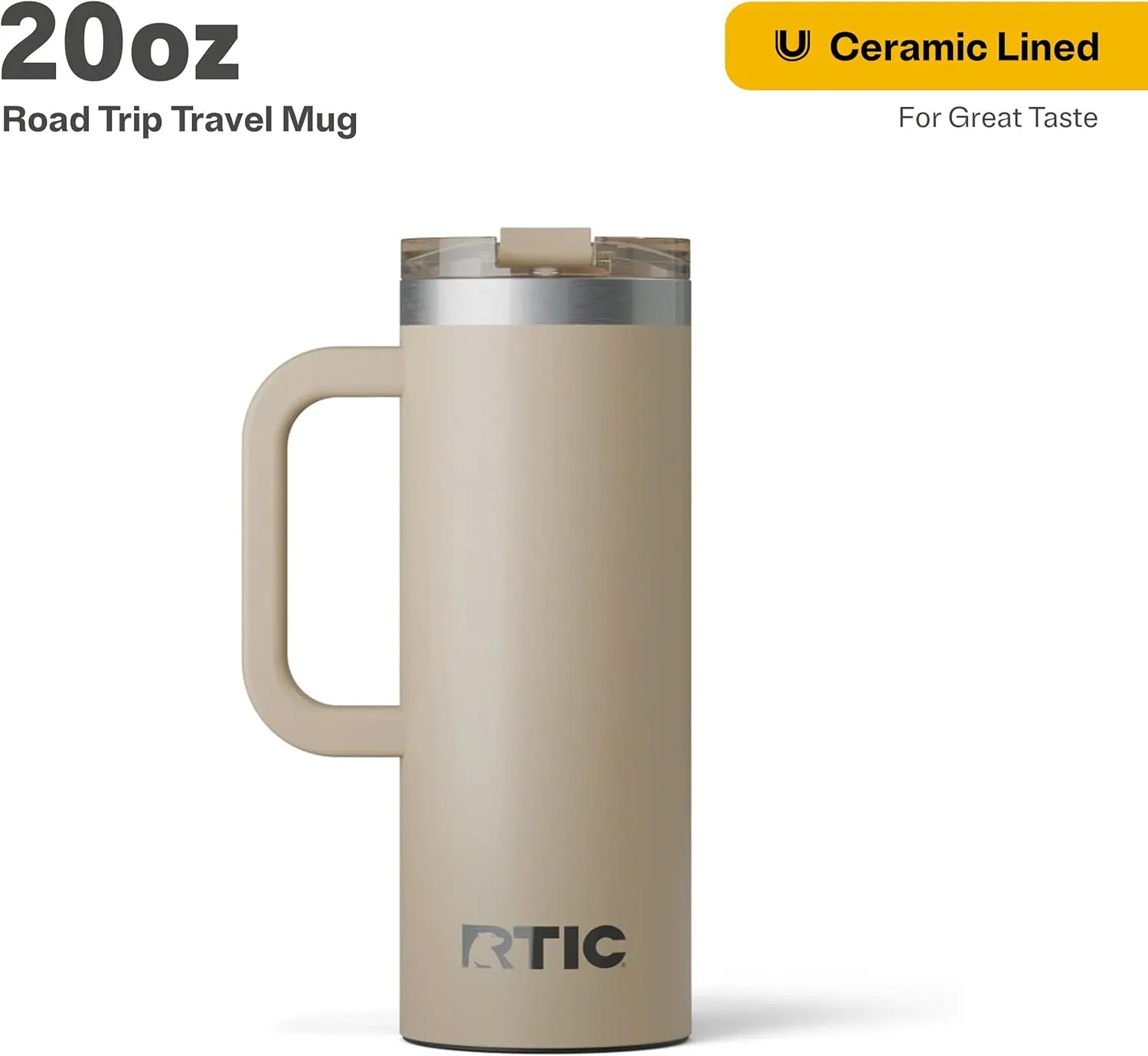 RTIC 20oz Road Trip Travel Mug with Lid and Handle, Insulated, Stainless Steel, Metal, Double Wall Vacuum-Insulation, Ceramic Lined, Portable Coffee, Tea Cup for Hot and Cold Drink, Beach