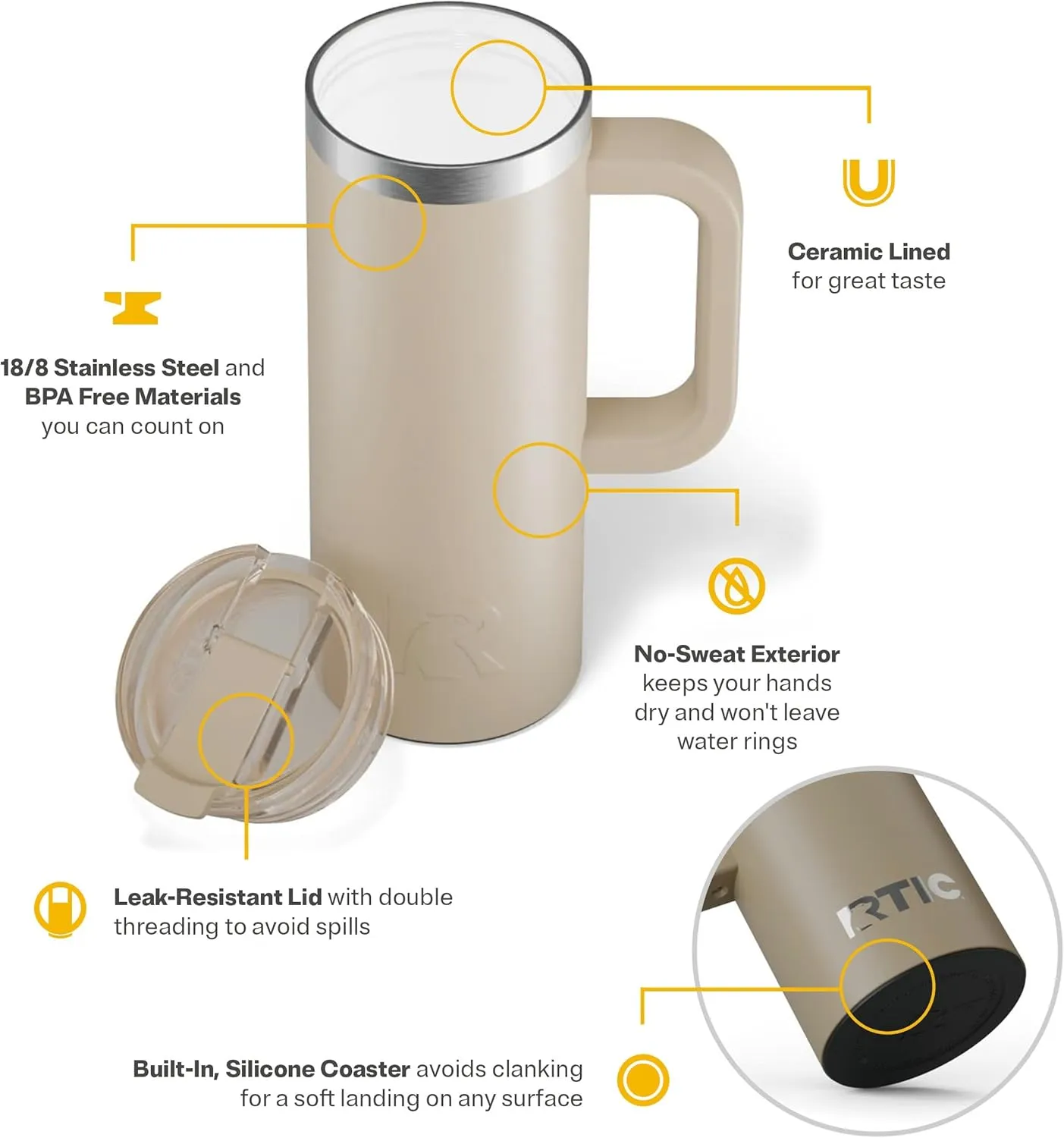 RTIC 20oz Road Trip Travel Mug with Lid and Handle, Insulated, Stainless Steel, Metal, Double Wall Vacuum-Insulation, Ceramic Lined, Portable Coffee, Tea Cup for Hot and Cold Drink, Beach
