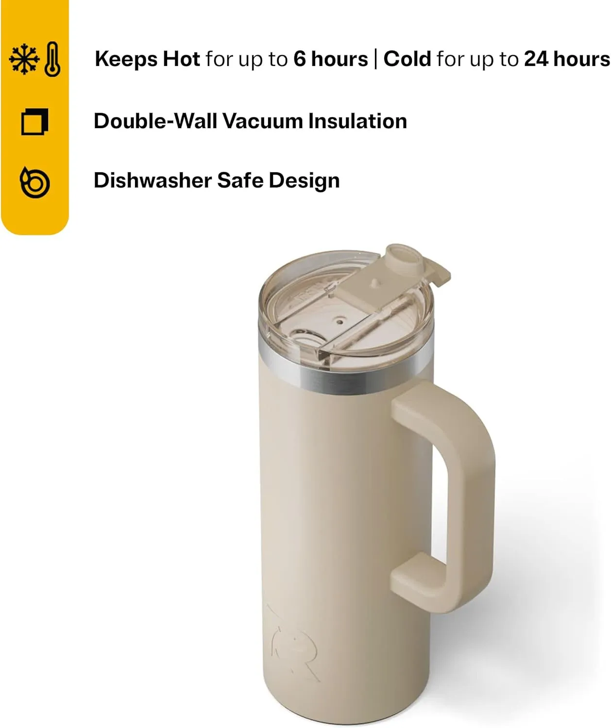 RTIC 20oz Road Trip Travel Mug with Lid and Handle, Insulated, Stainless Steel, Metal, Double Wall Vacuum-Insulation, Ceramic Lined, Portable Coffee, Tea Cup for Hot and Cold Drink, Beach