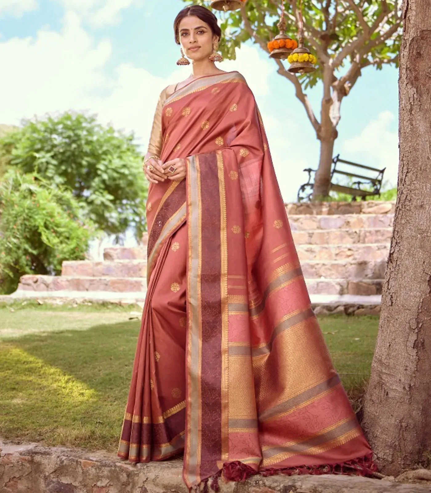 Rust Handloom Natural Dyed Silk Saree With Zari Buttas