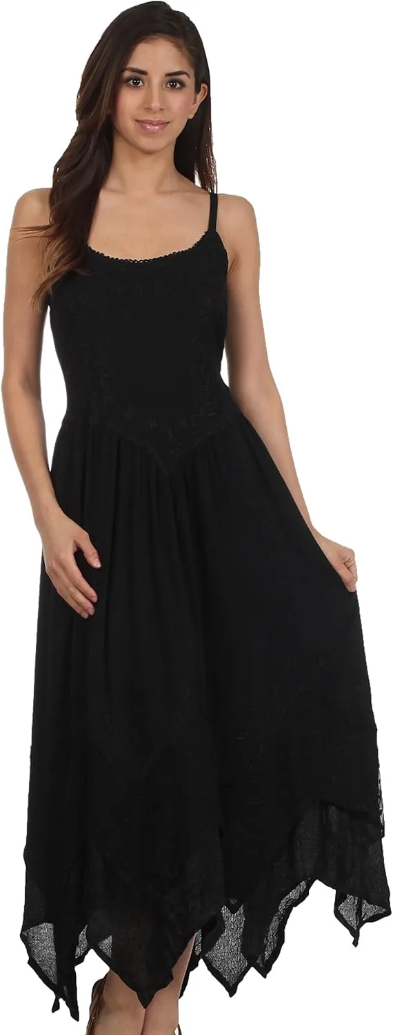 Sakkas Rayon Embroidered Stonewashed Adjustable Spaghetti Straps Long Dress