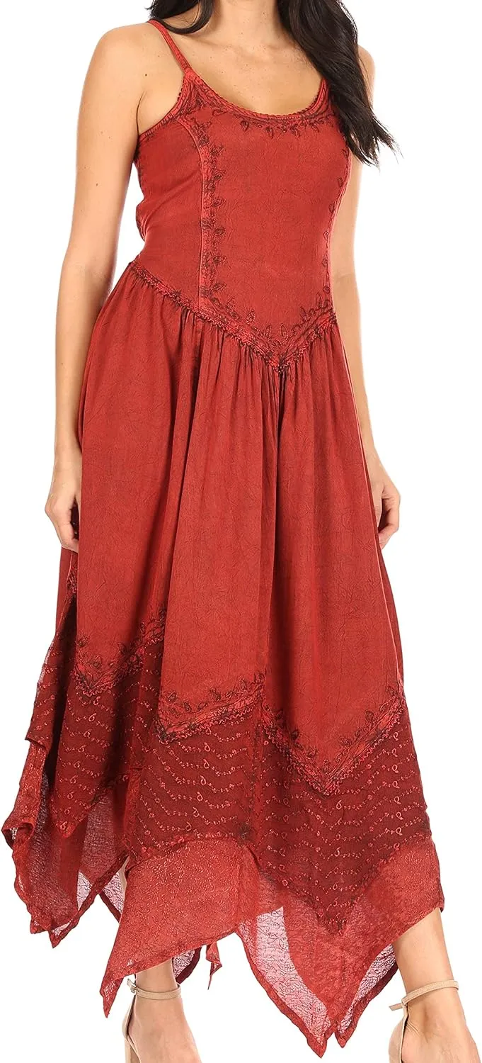 Sakkas Rayon Embroidered Stonewashed Adjustable Spaghetti Straps Long Dress