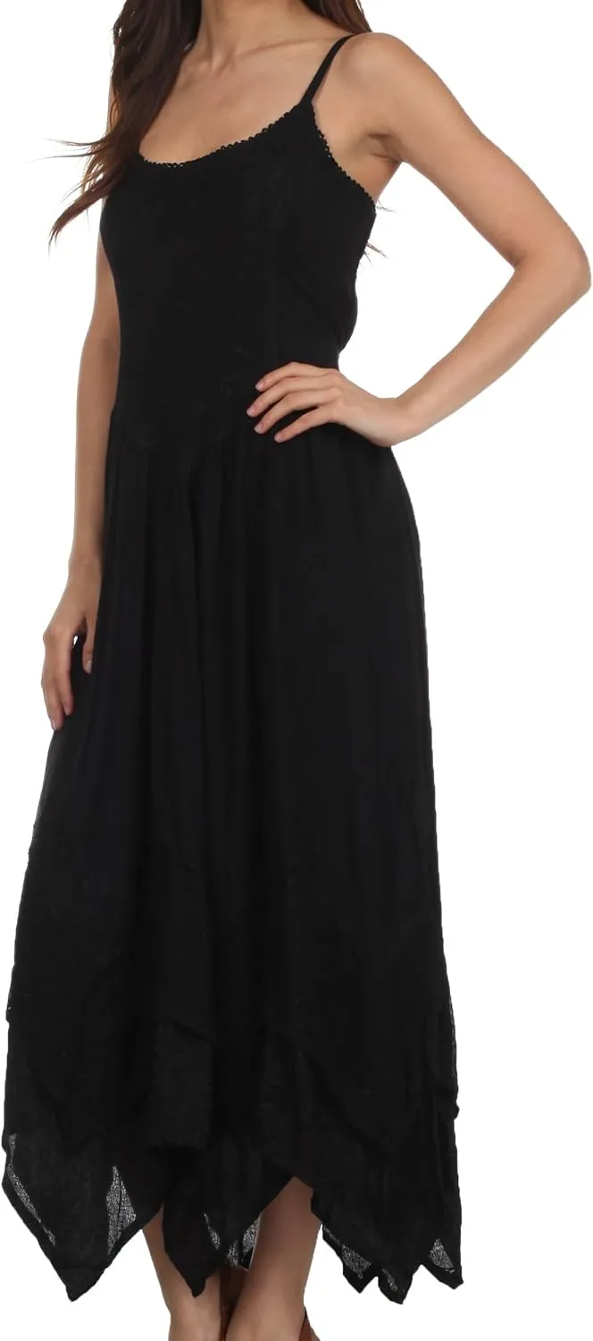 Sakkas Rayon Embroidered Stonewashed Adjustable Spaghetti Straps Long Dress