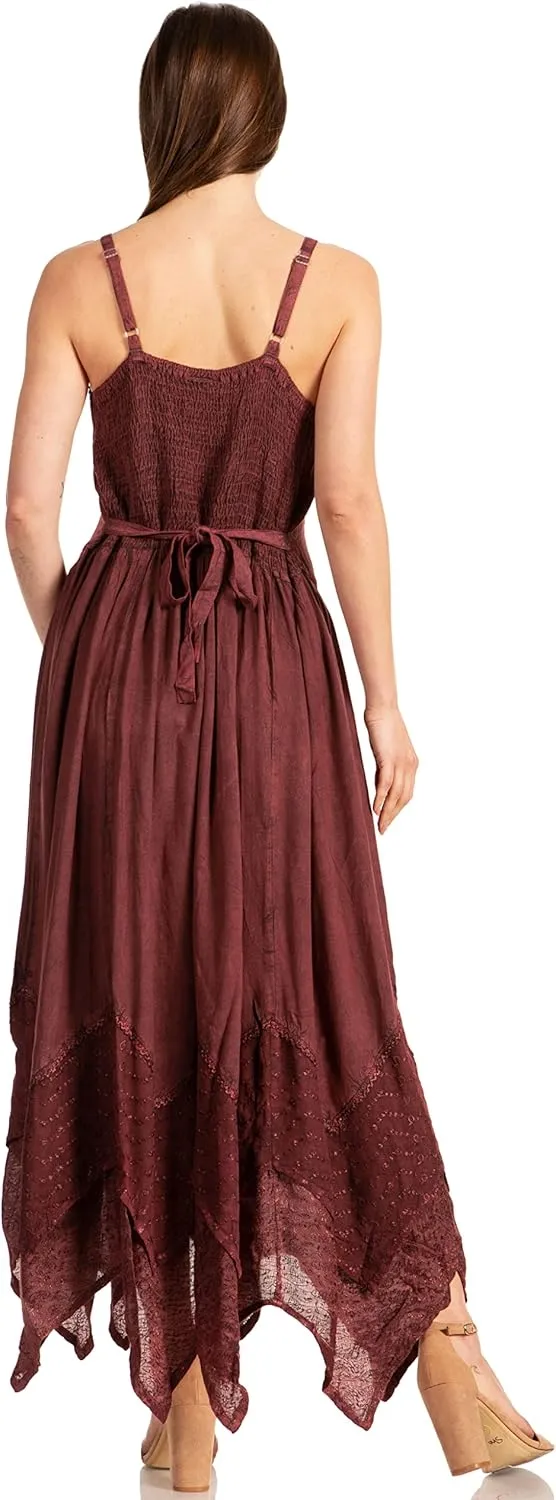 Sakkas Rayon Embroidered Stonewashed Adjustable Spaghetti Straps Long Dress