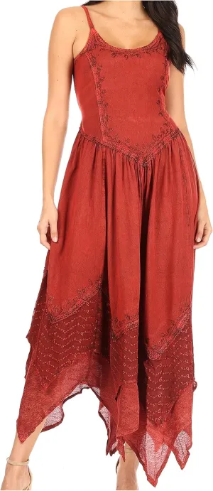 Sakkas Rayon Embroidered Stonewashed Adjustable Spaghetti Straps Long Dress