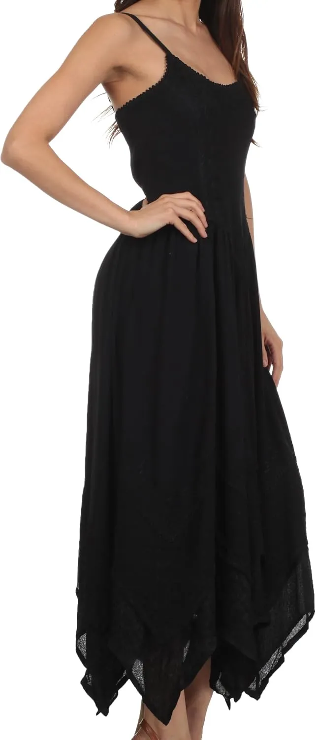 Sakkas Rayon Embroidered Stonewashed Adjustable Spaghetti Straps Long Dress