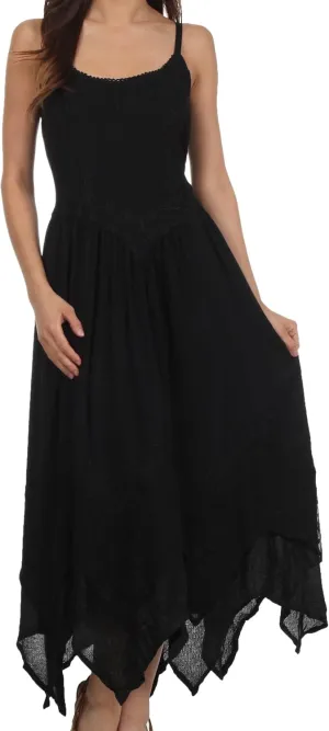 Sakkas Rayon Embroidered Stonewashed Adjustable Spaghetti Straps Long Dress