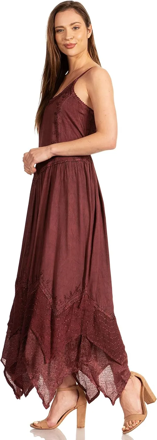 Sakkas Rayon Embroidered Stonewashed Adjustable Spaghetti Straps Long Dress