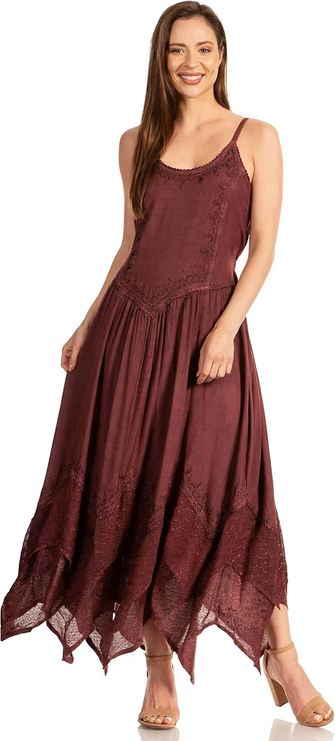 Sakkas Rayon Embroidered Stonewashed Adjustable Spaghetti Straps Long Dress