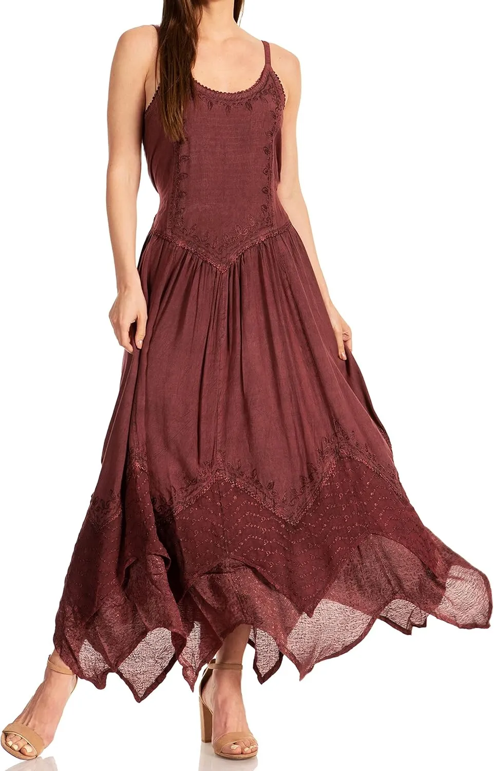 Sakkas Rayon Embroidered Stonewashed Adjustable Spaghetti Straps Long Dress