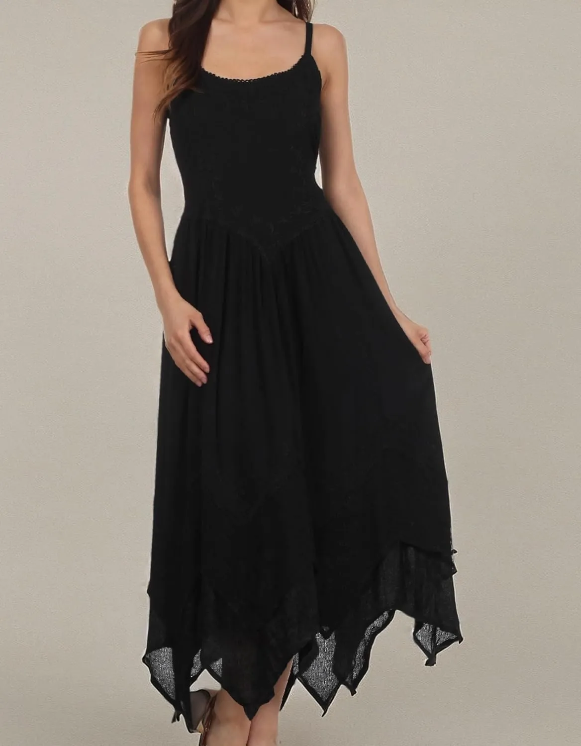 Sakkas Rayon Embroidered Stonewashed Adjustable Spaghetti Straps Long Dress