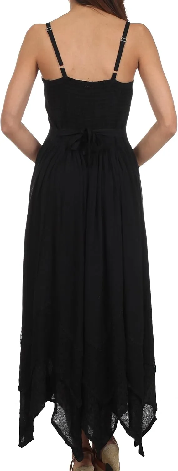 Sakkas Rayon Embroidered Stonewashed Adjustable Spaghetti Straps Long Dress
