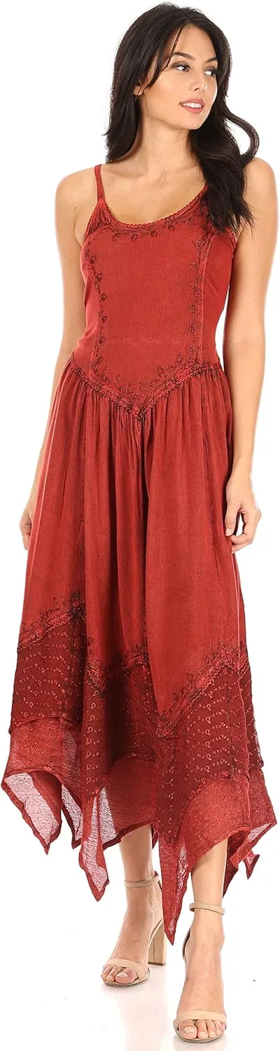 Sakkas Rayon Embroidered Stonewashed Adjustable Spaghetti Straps Long Dress