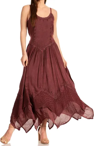 Sakkas Rayon Embroidered Stonewashed Adjustable Spaghetti Straps Long Dress